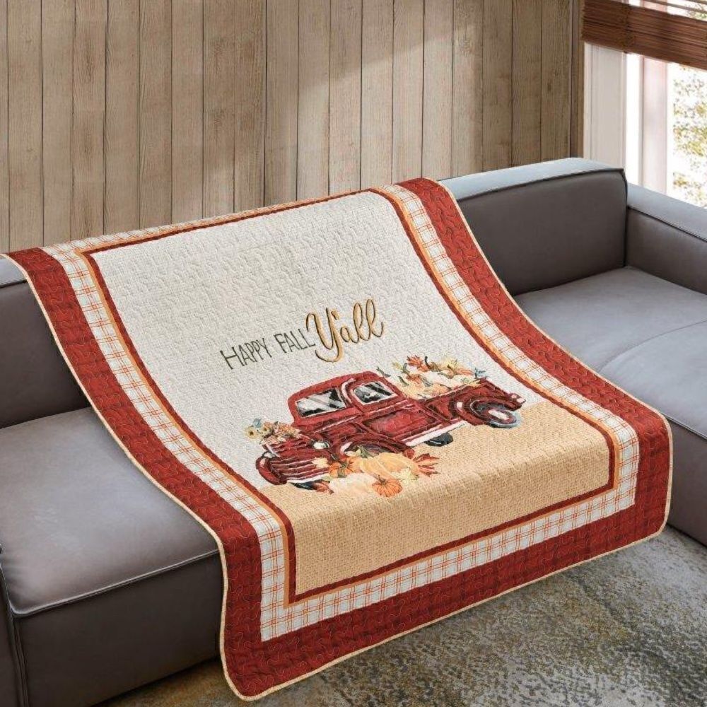 Farmhouse Fall Red Truck Quilted Throw Blanket Autumn Pumpkin Thanksgiving